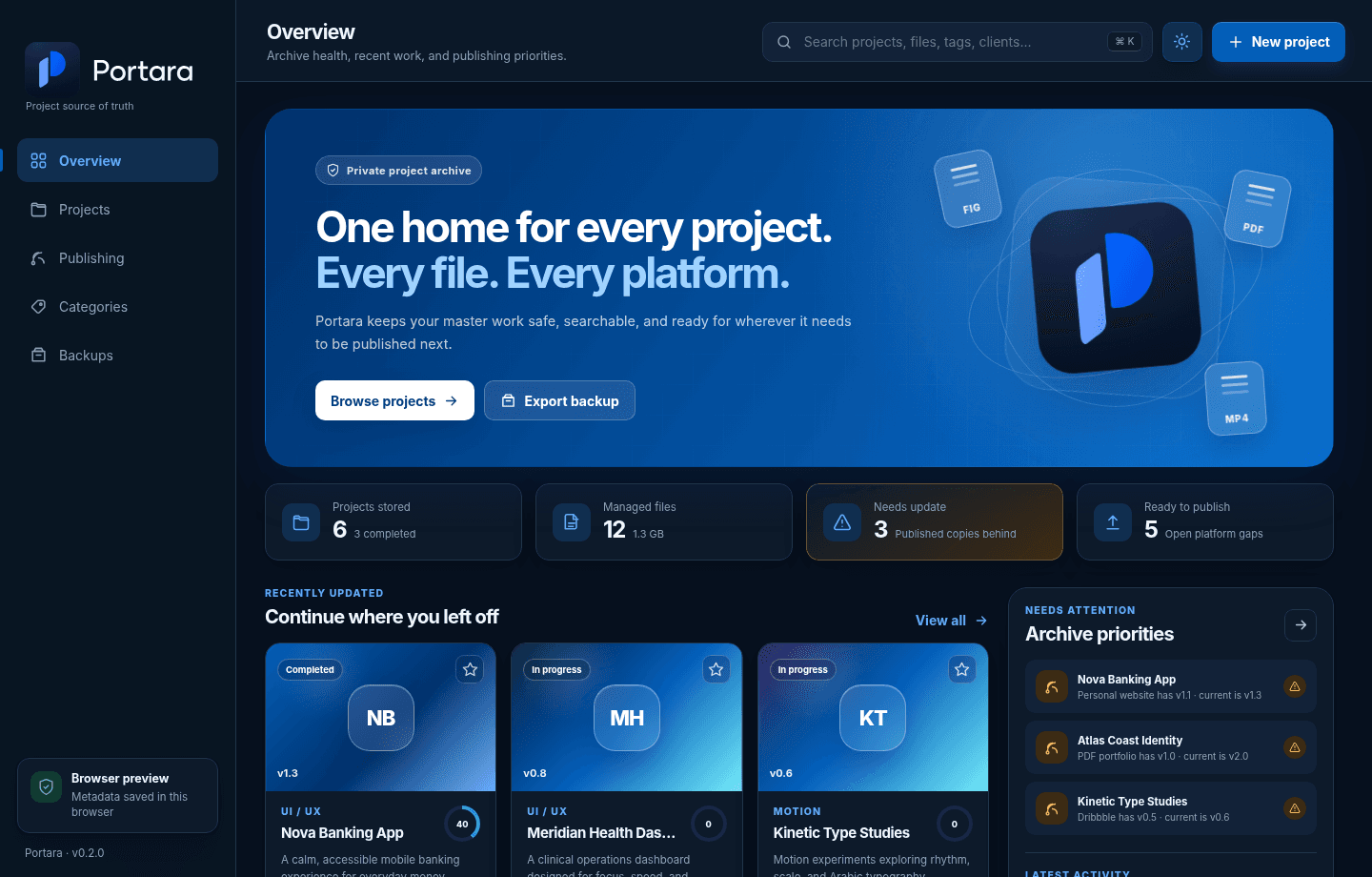 Portara project-source-of-truth dashboard in dark mode
